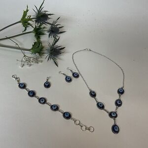Blue Evil Eye 925 Silver Plated Pendant Necklace Earrings Bracelet Jewellery Set